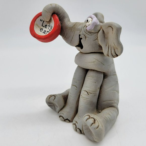 Cute Elephant "Let's Eat" Hungry Meal Time Figurine Artist Signed Modeled Clay - Picture 3 of 8